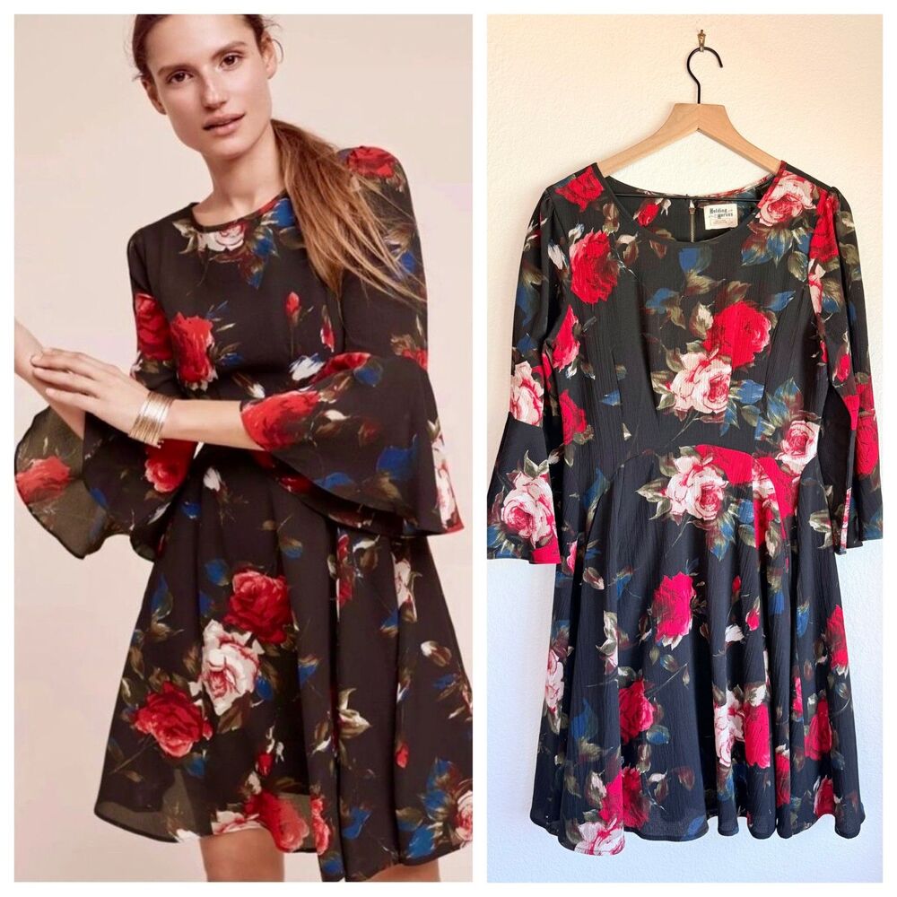Anthropologie Holding Horses Winter Moon Bell Sleeve Floral Dress Sz Medium EUC